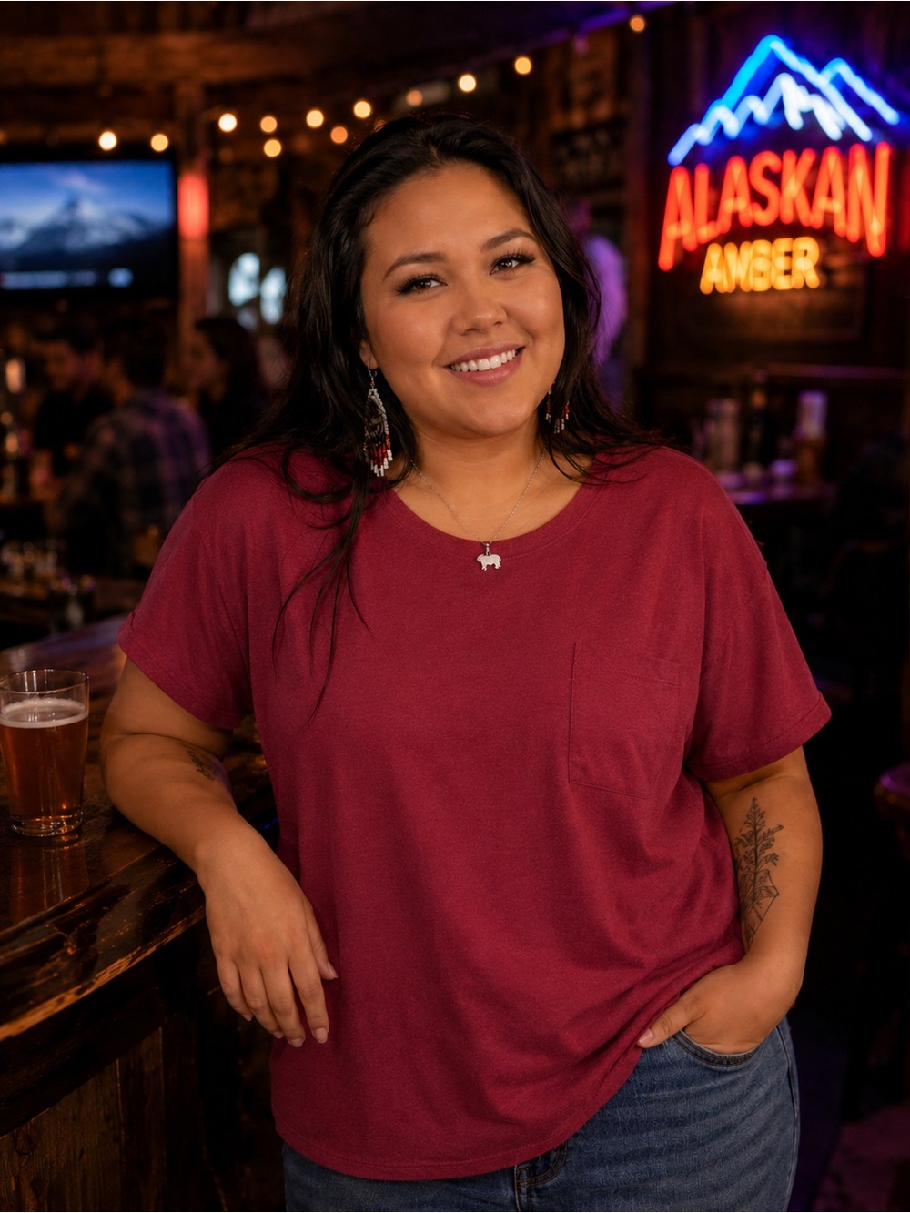 Women's Short Sleeve Pocket Tee - Wine